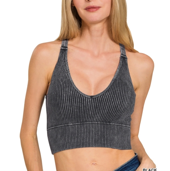 Zenana V neck washed rib seamless crop bra padded tank top In Black NWOT - Picture 1 of 3